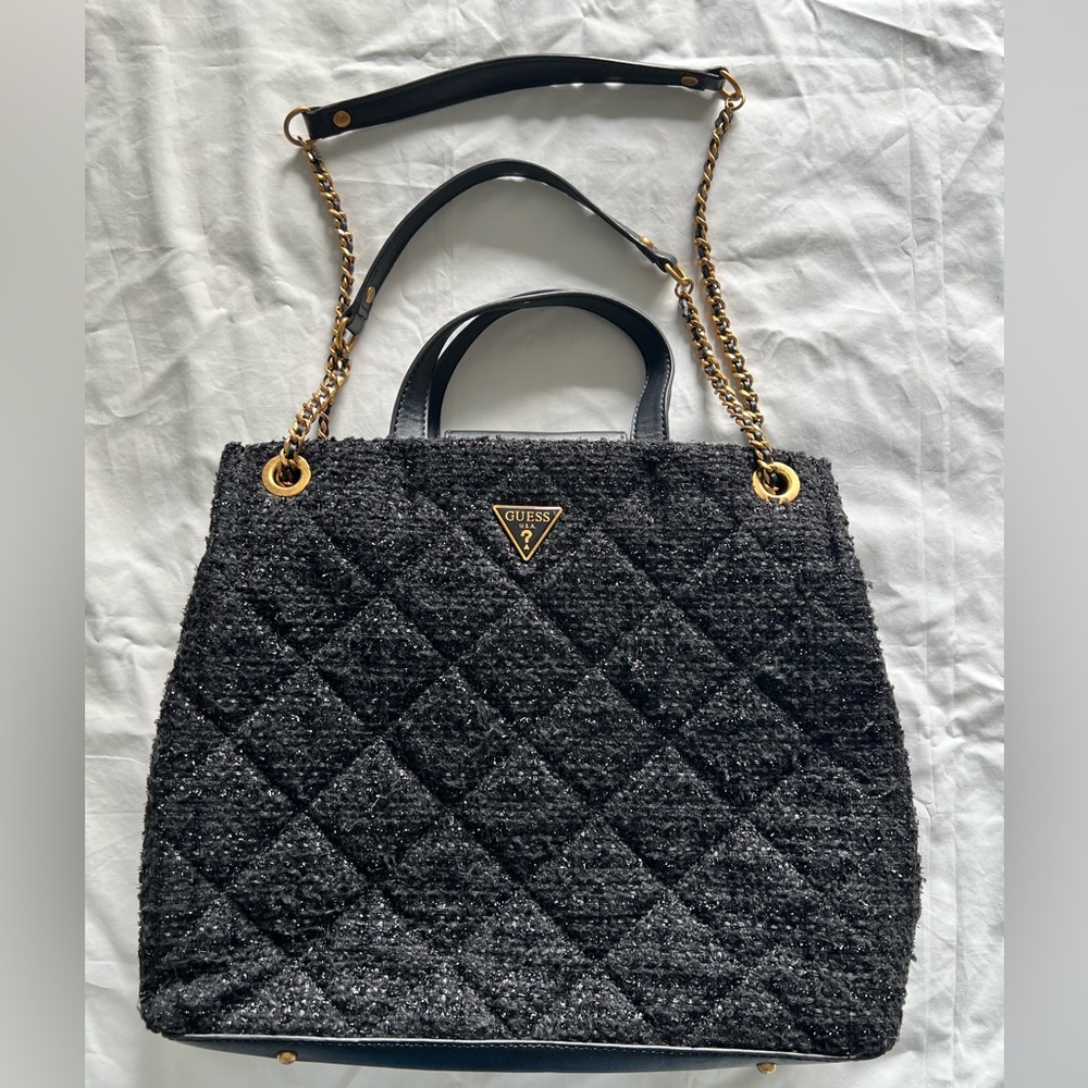Guess Black Quilted Tote with Gold Chain